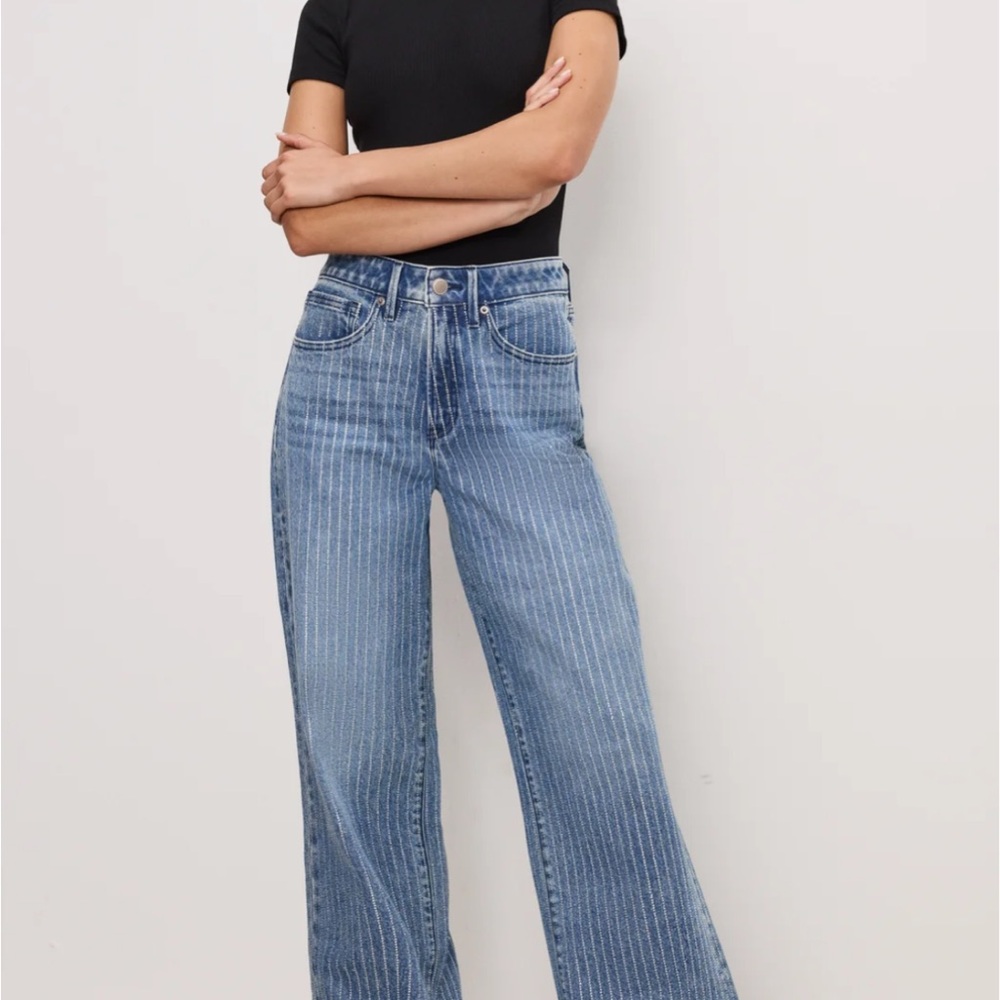 Women's Good American Blue Striped Jeans rhinestones NEW